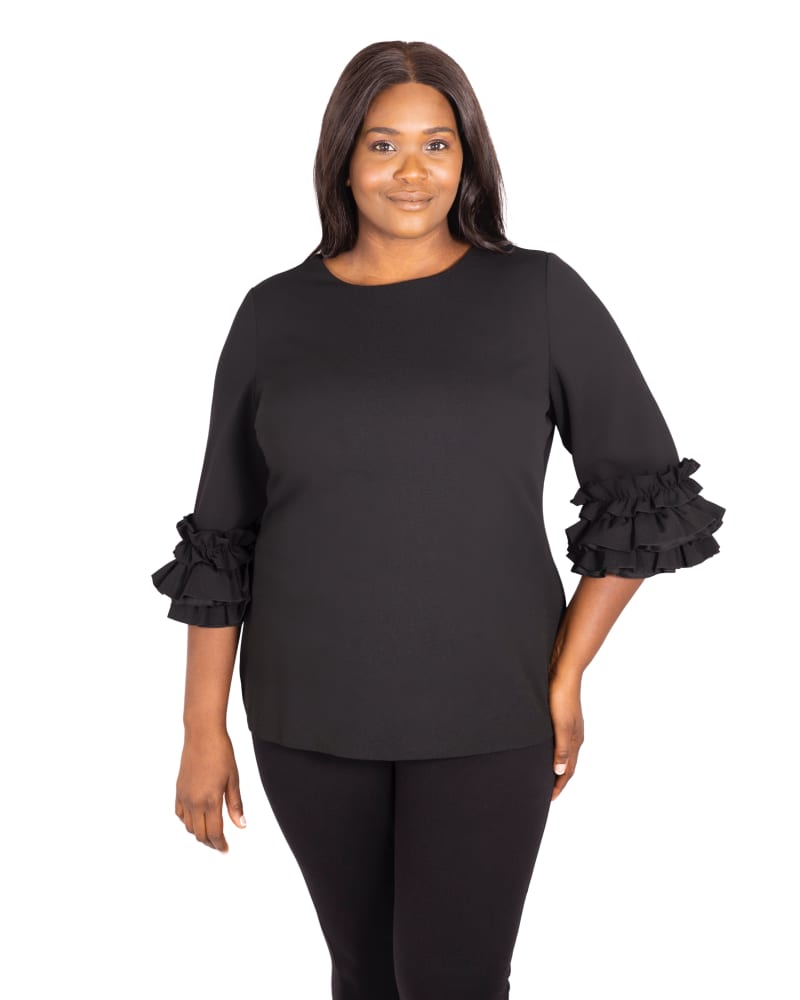 Front of a model wearing a size 20 Ruffle Sleeve Top in Black by Marée Pour Toi. | dia_product_style_image_id:260624